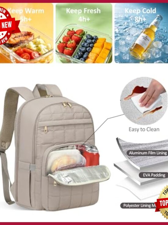 Quilted Work Backpack with Insulated Pocket, Fits 15.6 Inch Laptop